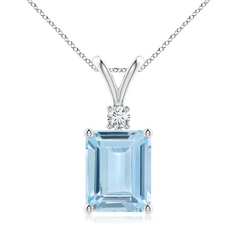 10x8mm AA Emerald-Cut Aquamarine Solitaire Pendant with Diamond in White Gold
