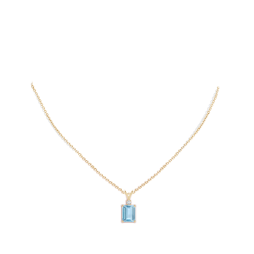 10x8mm AAA Emerald-Cut Aquamarine Solitaire Pendant with Diamond in Yellow Gold Body-Neck