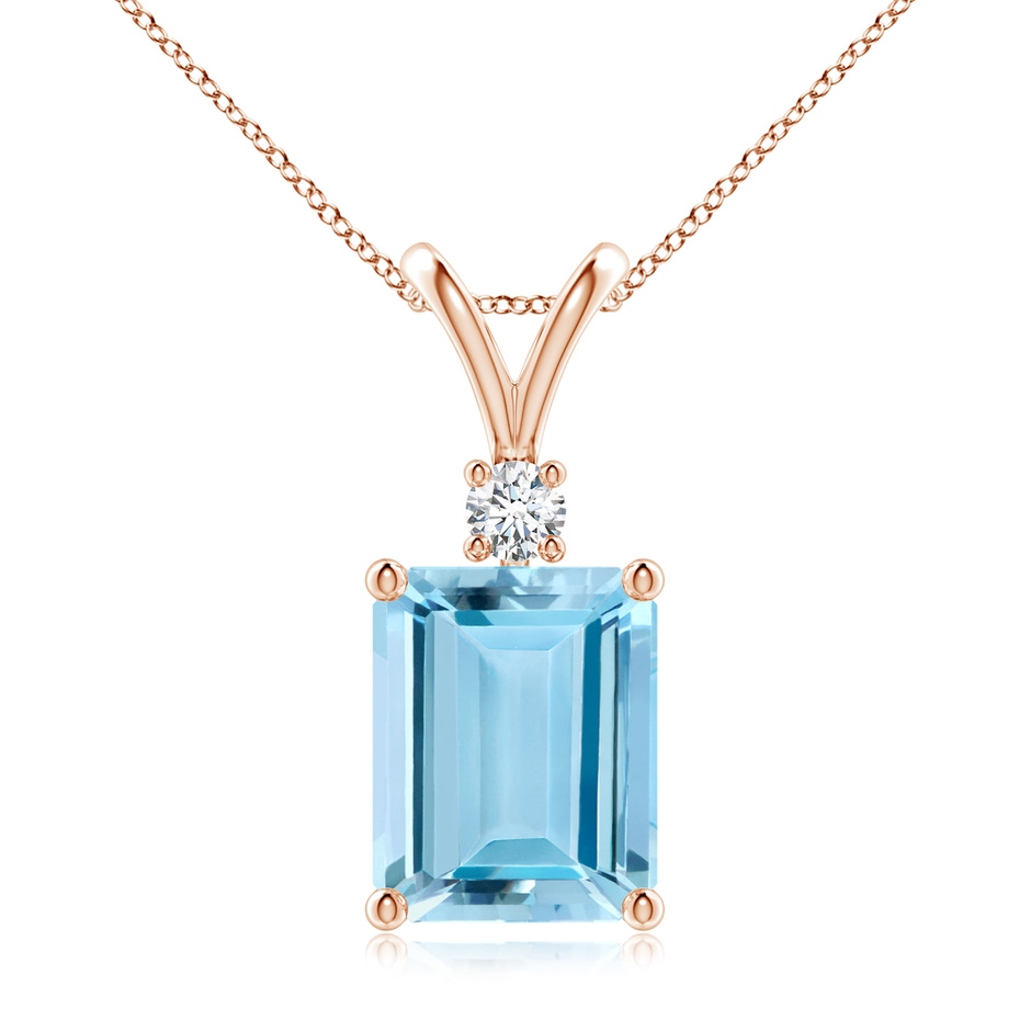 10x8mm AAAA Emerald-Cut Aquamarine Solitaire Pendant with Diamond in Rose Gold 
