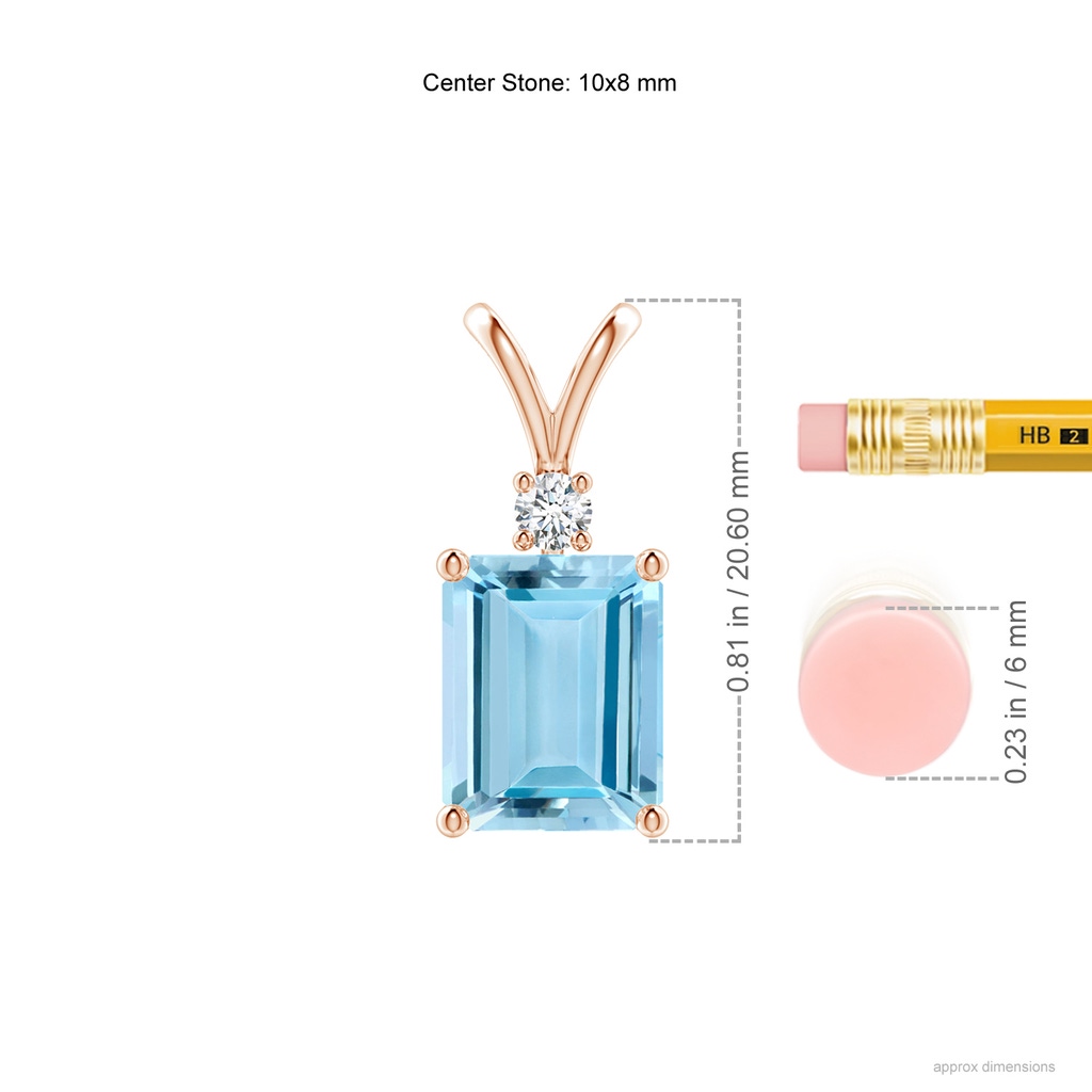 10x8mm AAAA Emerald-Cut Aquamarine Solitaire Pendant with Diamond in Rose Gold Ruler