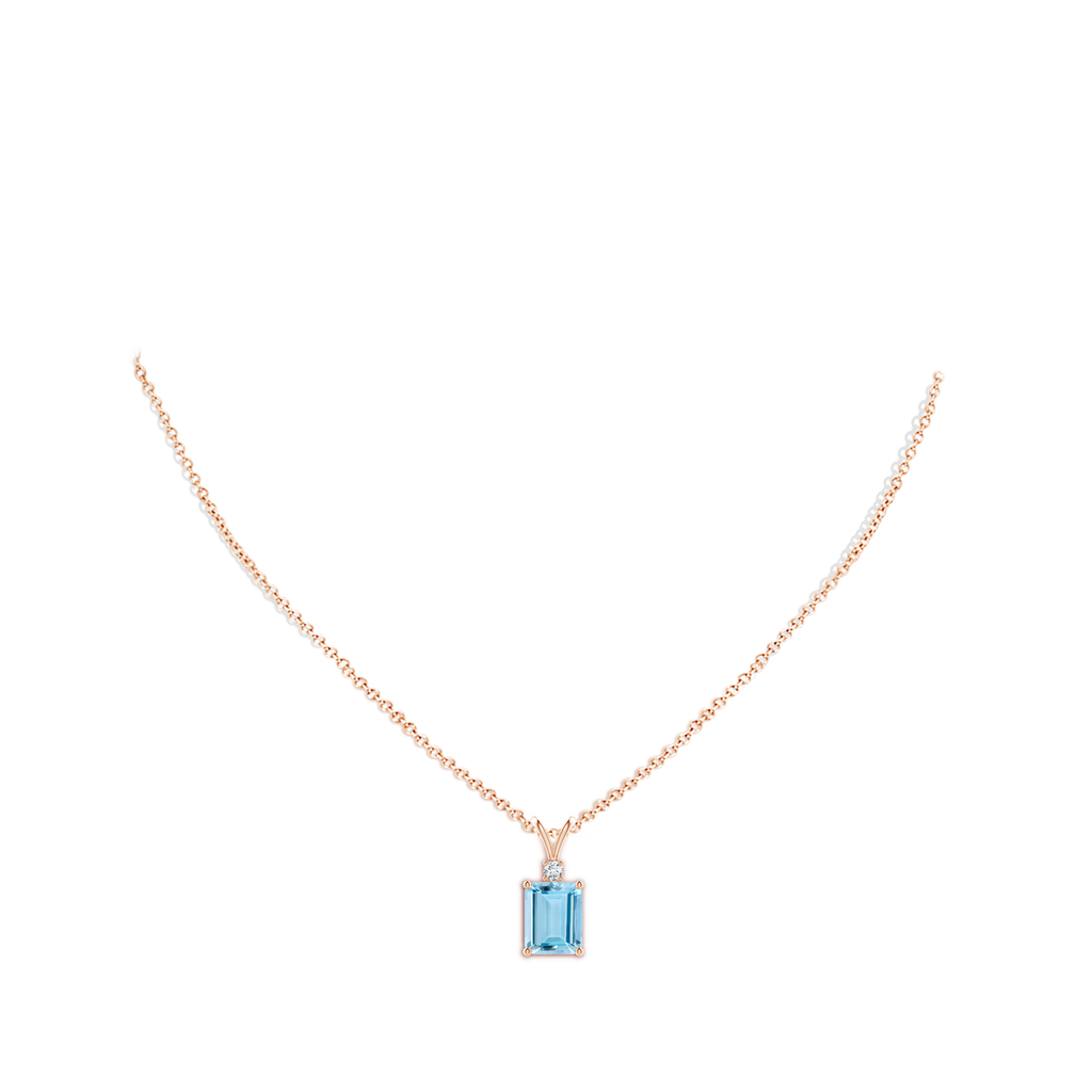 10x8mm AAAA Emerald-Cut Aquamarine Solitaire Pendant with Diamond in Rose Gold Body-Neck