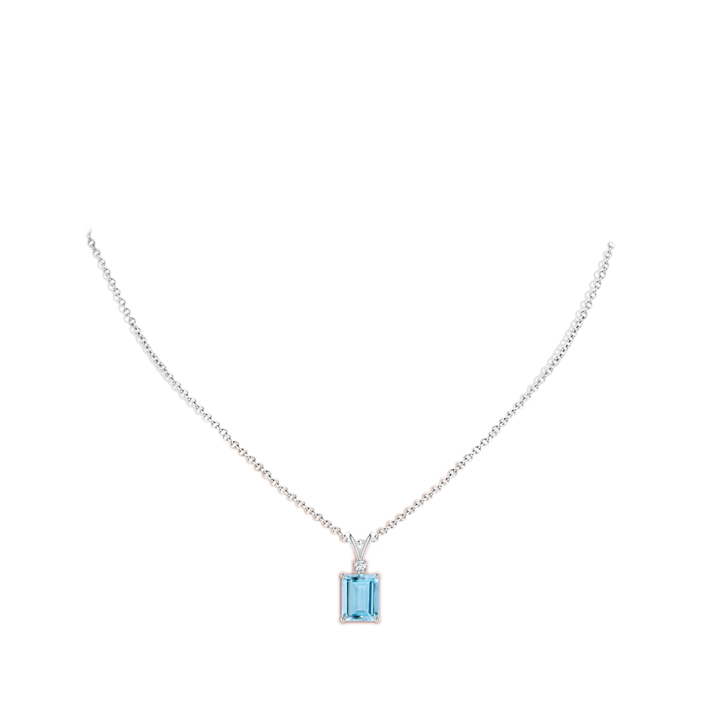 10x8mm AAAA Emerald-Cut Aquamarine Solitaire Pendant with Diamond in White Gold Body-Neck