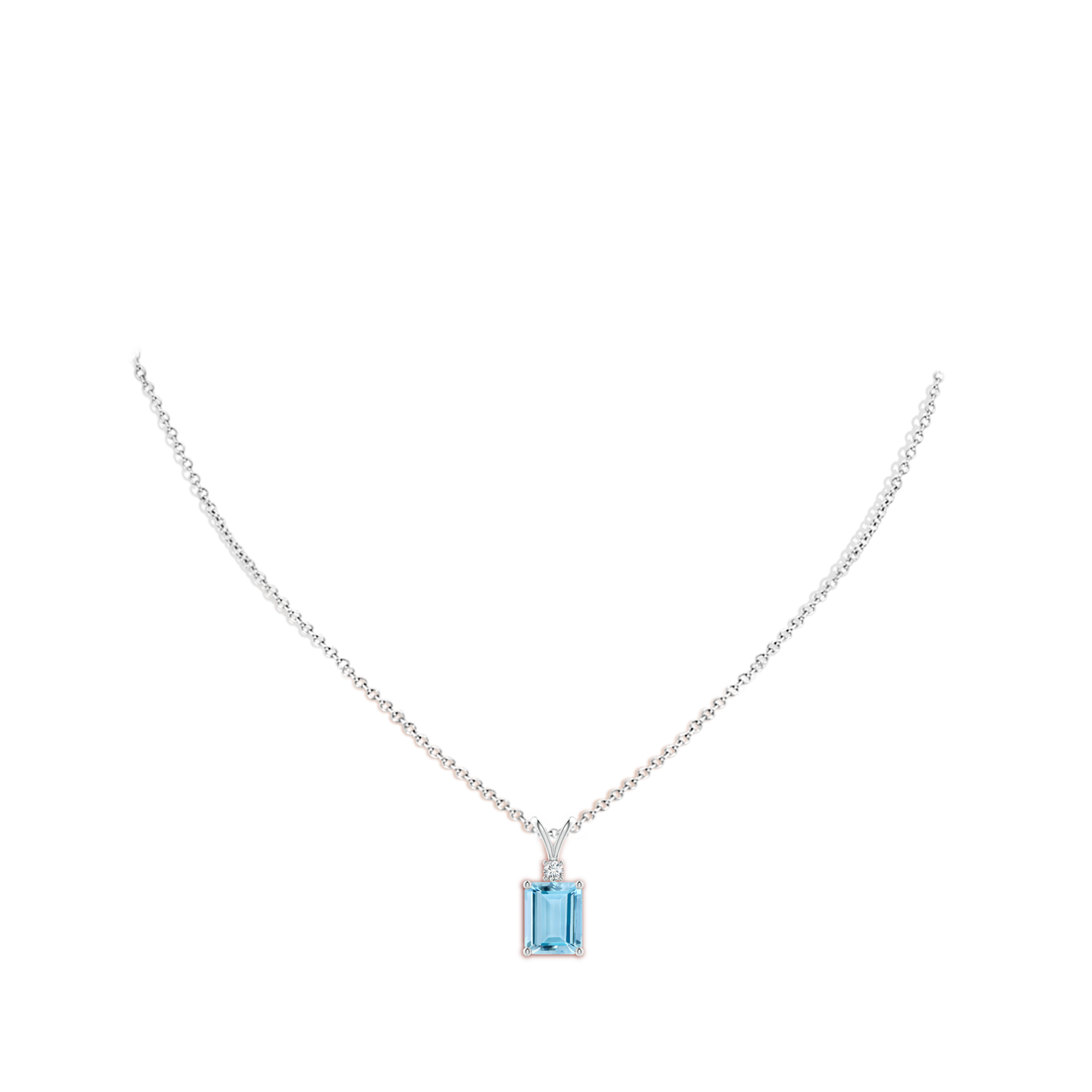 10x8mm AAAA Emerald-Cut Aquamarine Solitaire Pendant with Diamond in White Gold - body_neck