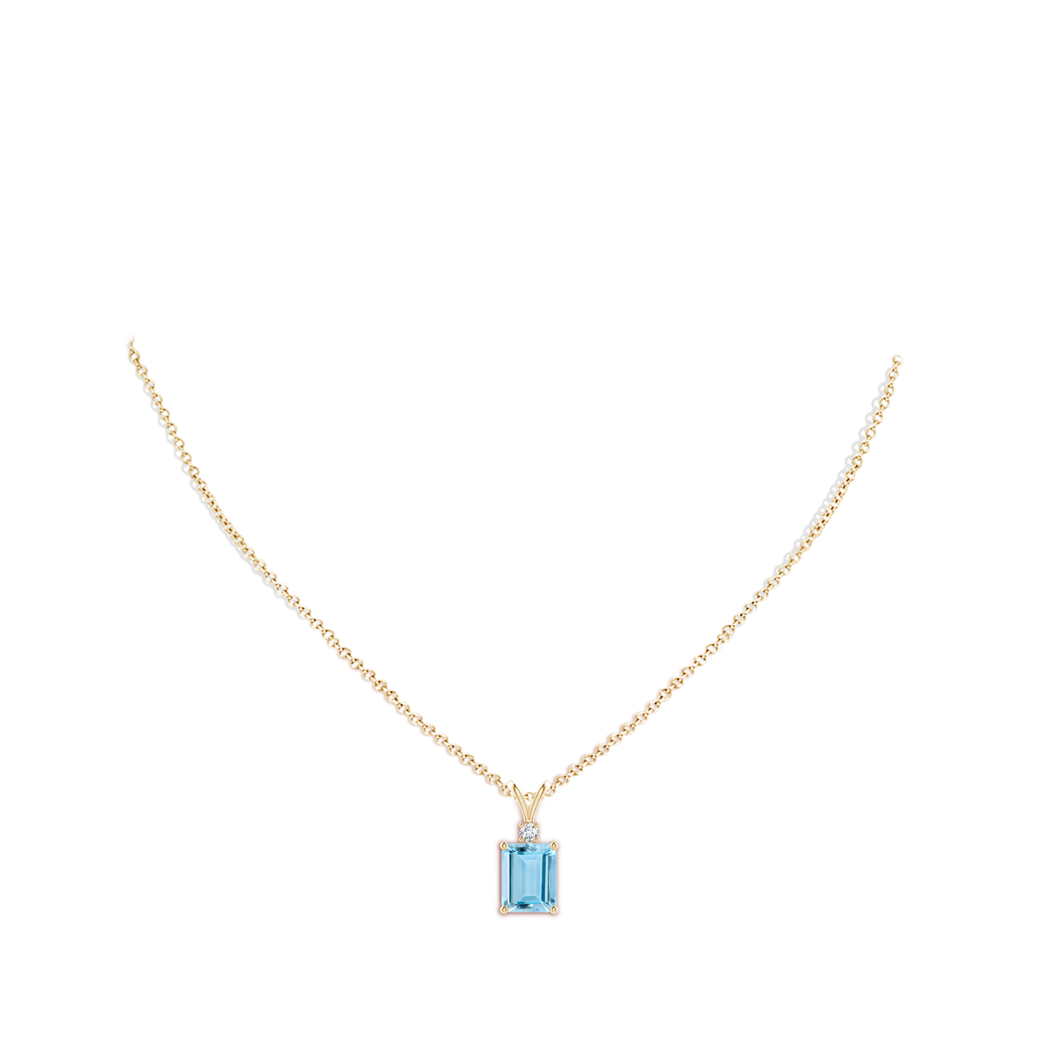 10x8mm AAAA Emerald-Cut Aquamarine Solitaire Pendant with Diamond in Yellow Gold - body_neck