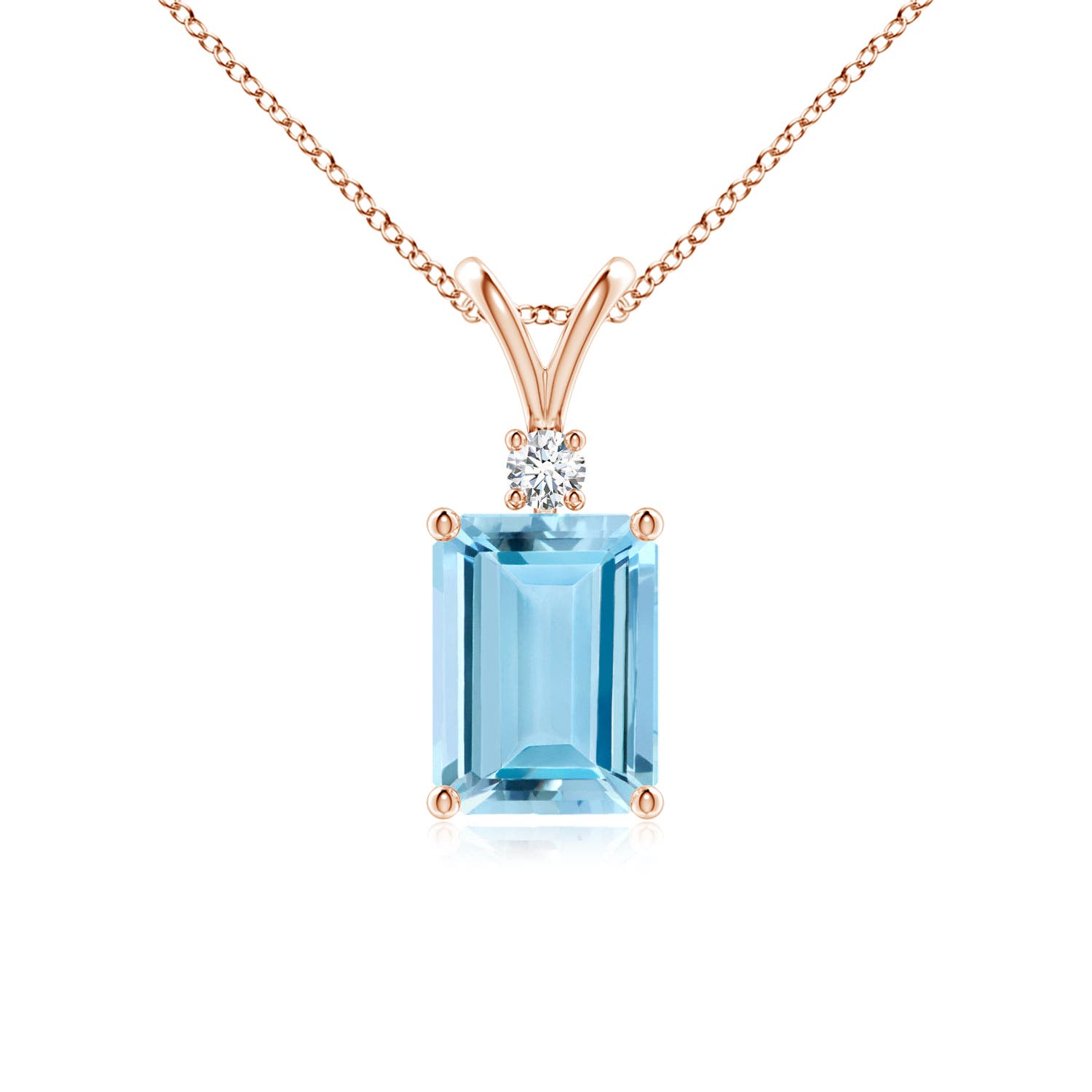 8x6mm AAAA Emerald-Cut Aquamarine Solitaire Pendant with Diamond in 18K Rose Gold