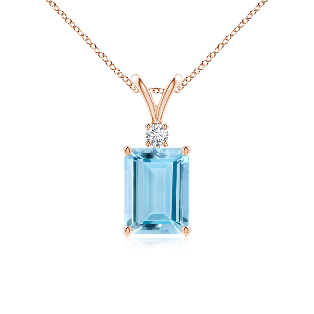 8x6mm AAAA Emerald-Cut Aquamarine Solitaire Pendant with Diamond in Rose Gold 