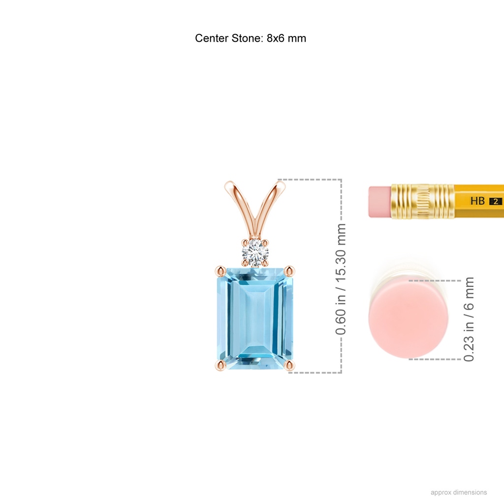 8x6mm AAAA Emerald-Cut Aquamarine Solitaire Pendant with Diamond in Rose Gold Ruler