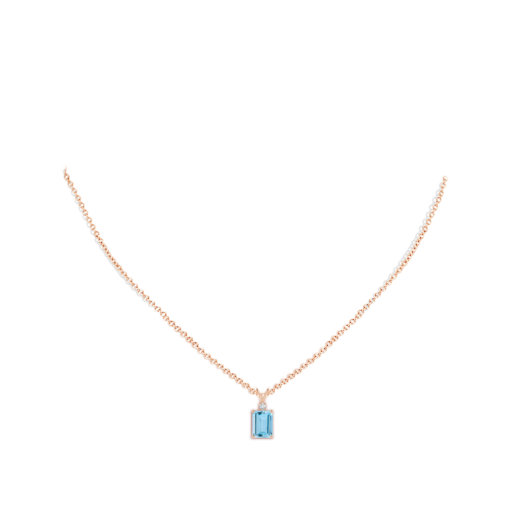8x6mm AAAA Emerald-Cut Aquamarine Solitaire Pendant with Diamond in Rose Gold Body-Neck