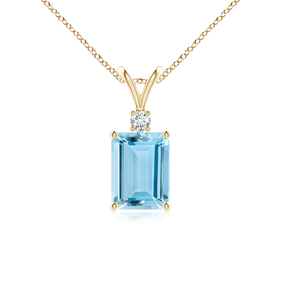 8x6mm AAAA Emerald-Cut Aquamarine Solitaire Pendant with Diamond in Yellow Gold 