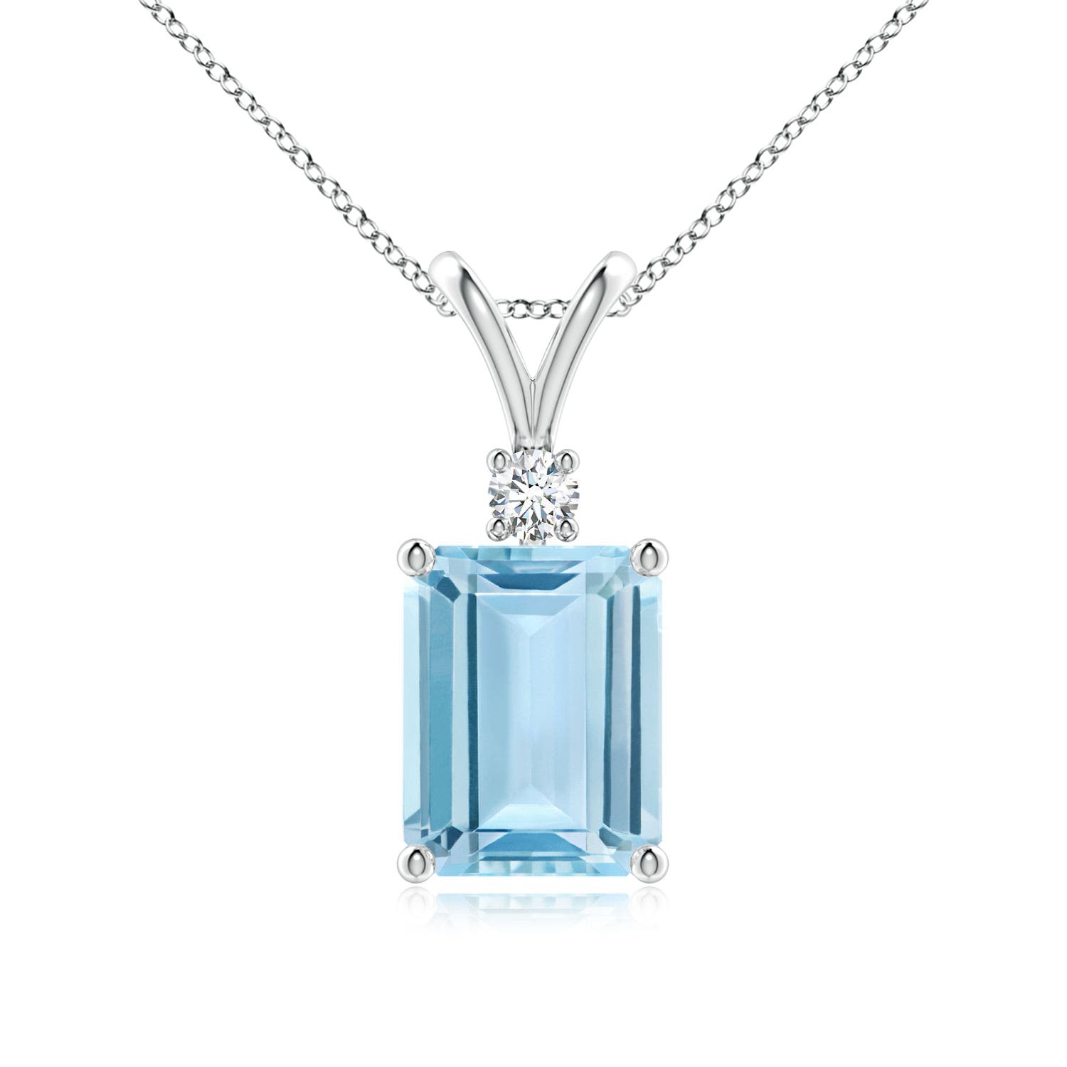 9x7mm AAA Emerald-Cut Aquamarine Solitaire Pendant with Diamond in 18K White Gold