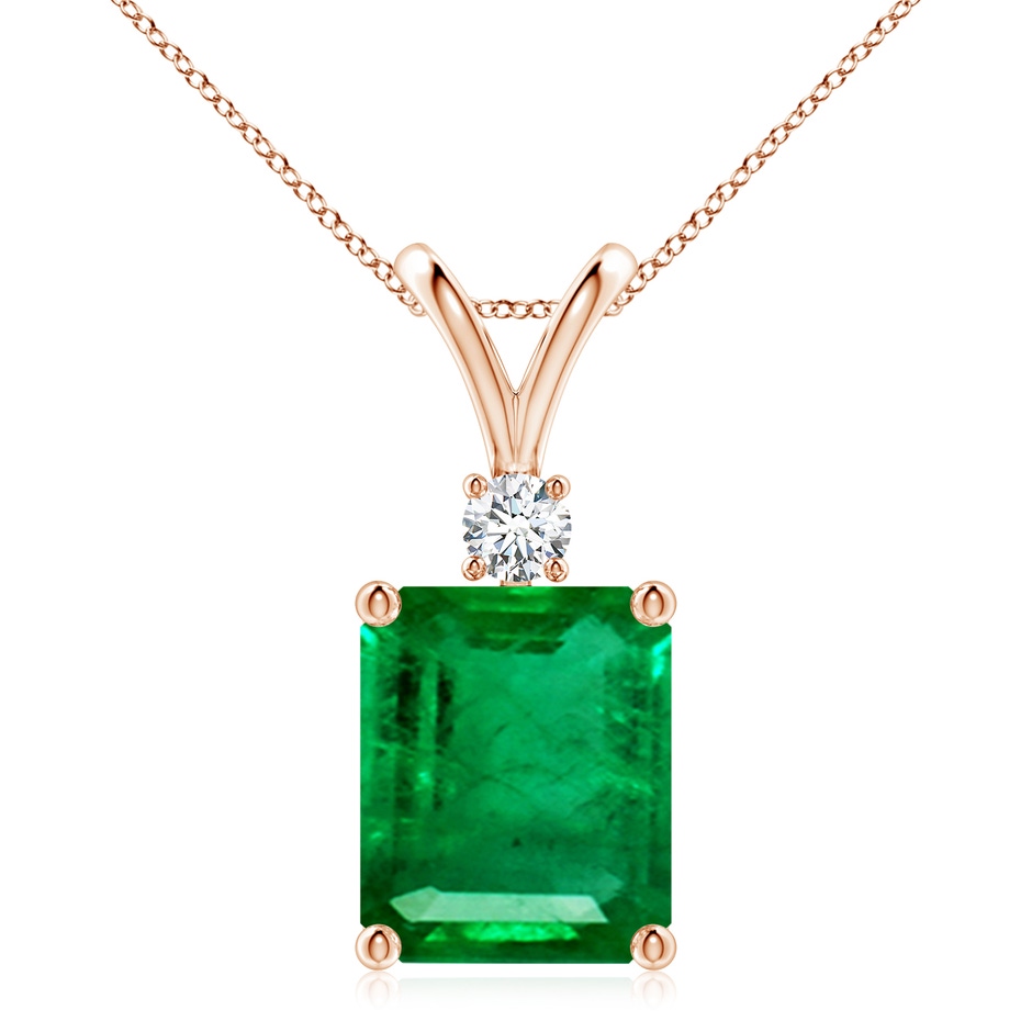 12x10mm AAA Emerald-Cut Emerald Solitaire Pendant with Diamond in Rose Gold 