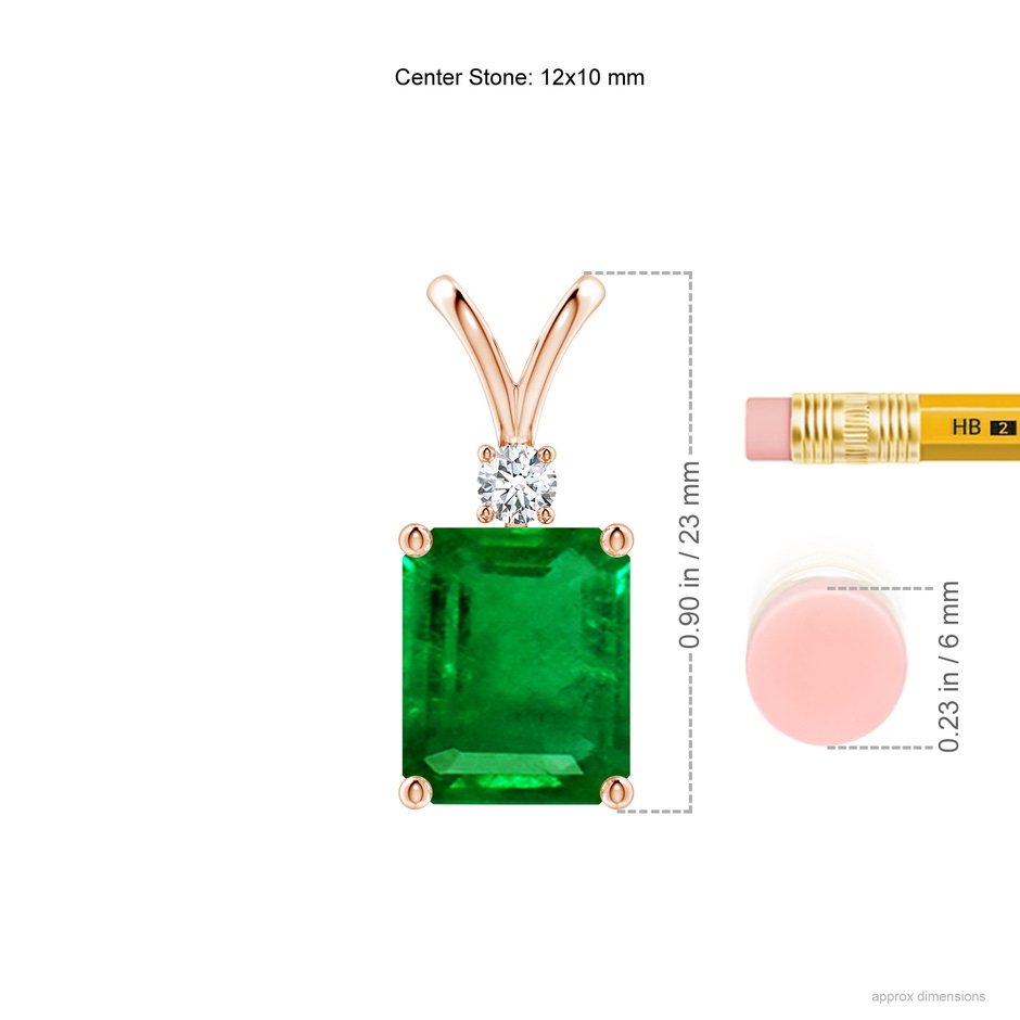 12x10mm AAAA Emerald-Cut Emerald Solitaire Pendant with Diamond in Rose Gold ruler