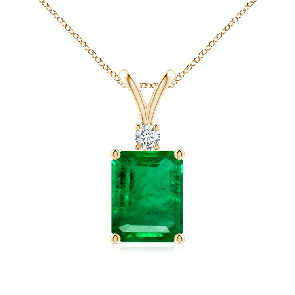 9x7mm AAA Emerald-Cut Emerald Solitaire Pendant with Diamond in Yellow Gold
