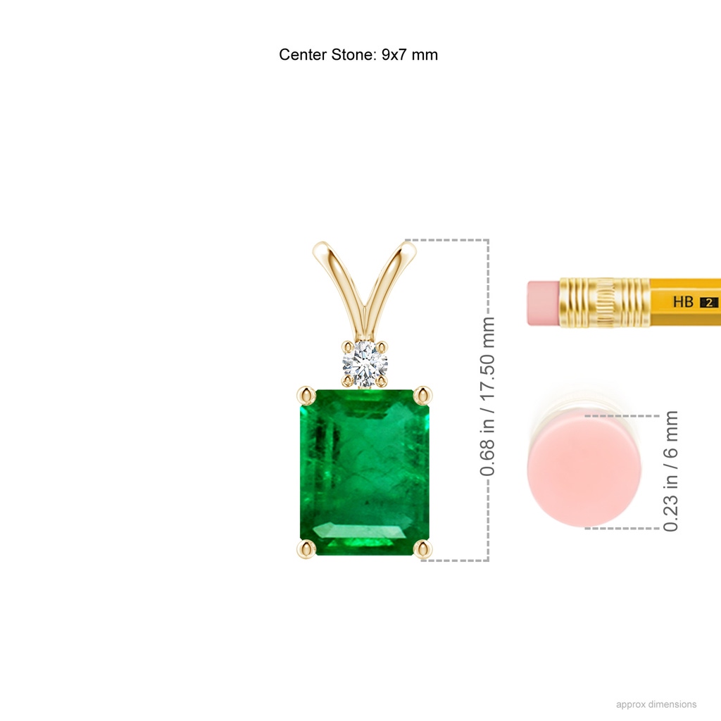 9x7mm AAA Emerald-Cut Emerald Solitaire Pendant with Diamond in Yellow Gold ruler