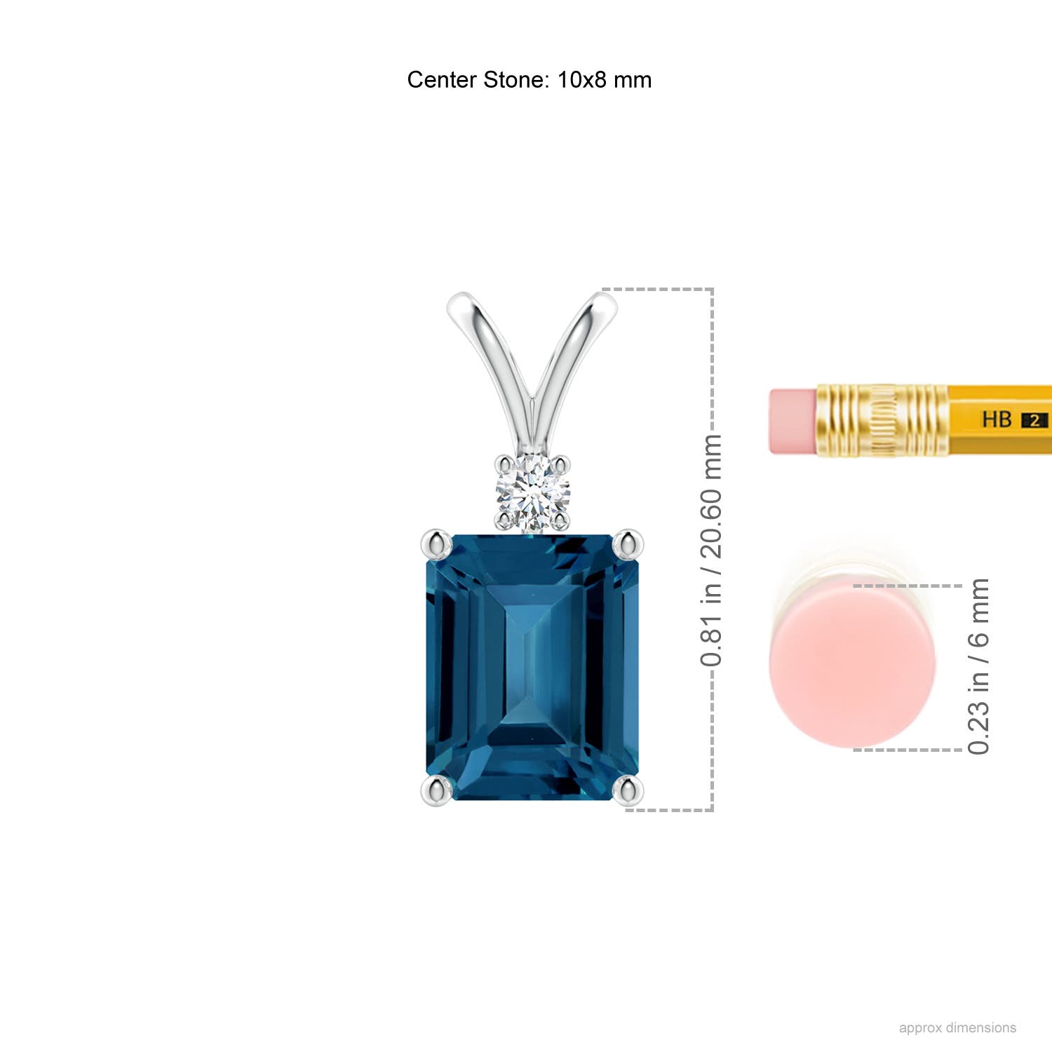 10x8mm AAA Emerald-Cut London Blue Topaz Solitaire Pendant with Diamond in P950 Platinum - ruler