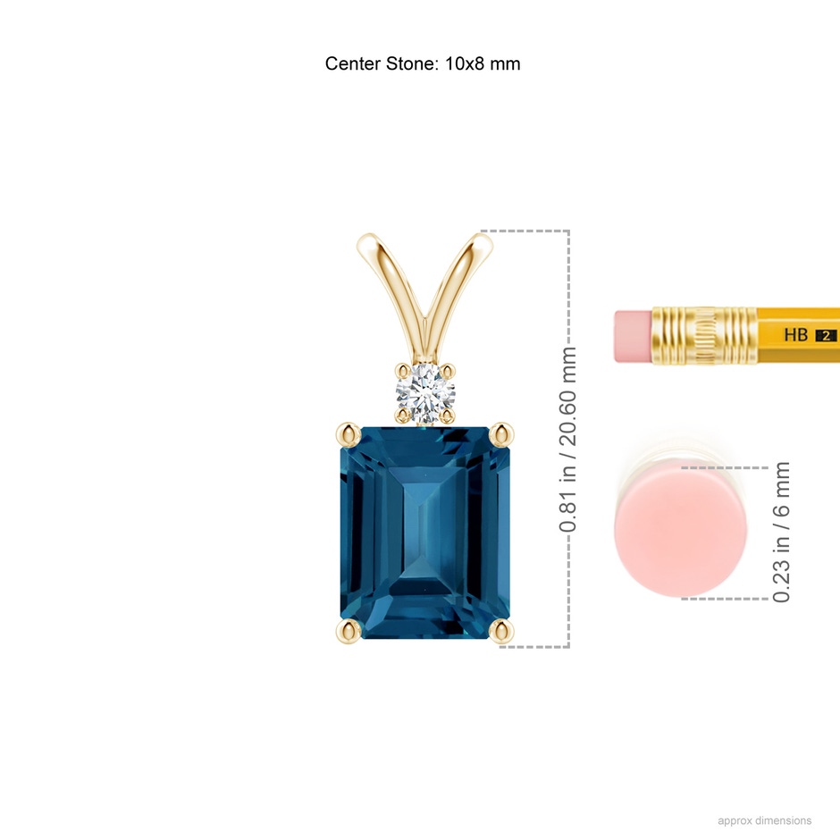 10x8mm AAA Emerald-Cut London Blue Topaz Solitaire Pendant with Diamond in Yellow Gold ruler