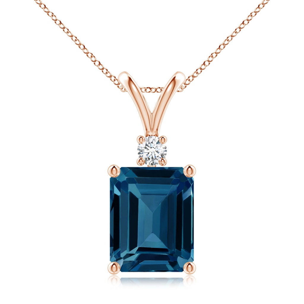 10x8mm AAAA Emerald-Cut London Blue Topaz Solitaire Pendant with Diamond in Rose Gold