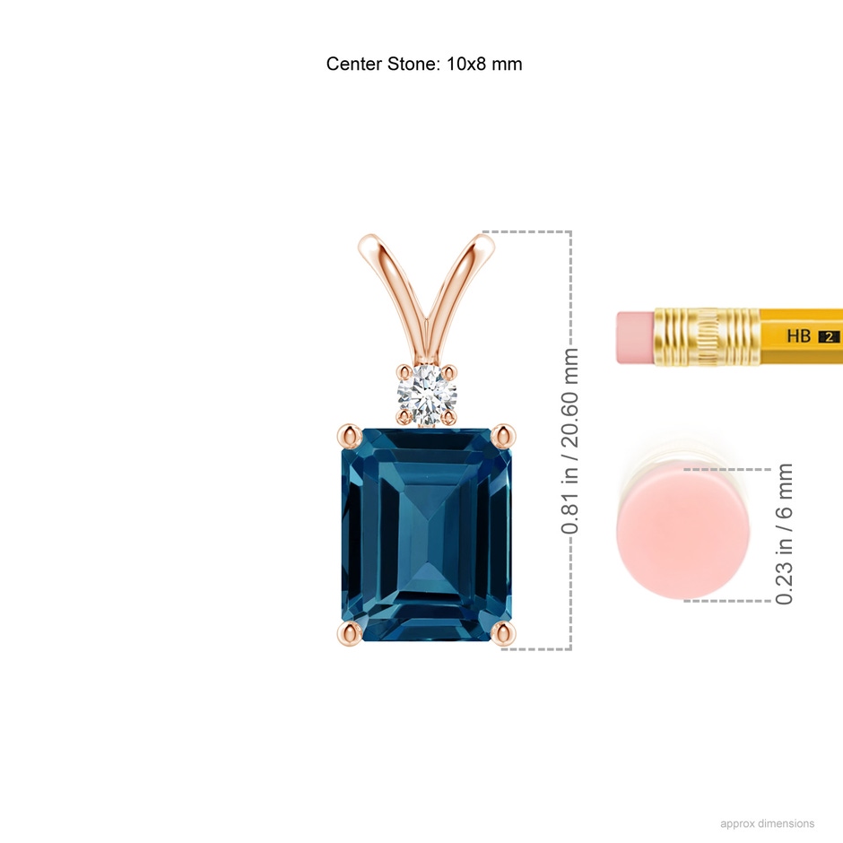 10x8mm AAAA Emerald-Cut London Blue Topaz Solitaire Pendant with Diamond in Rose Gold ruler