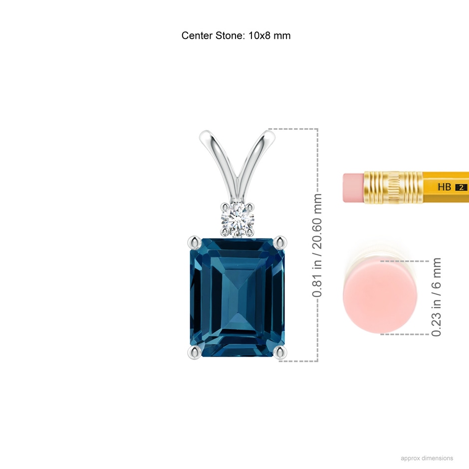 10x8mm AAAA Emerald-Cut London Blue Topaz Solitaire Pendant with Diamond in S999 Silver ruler