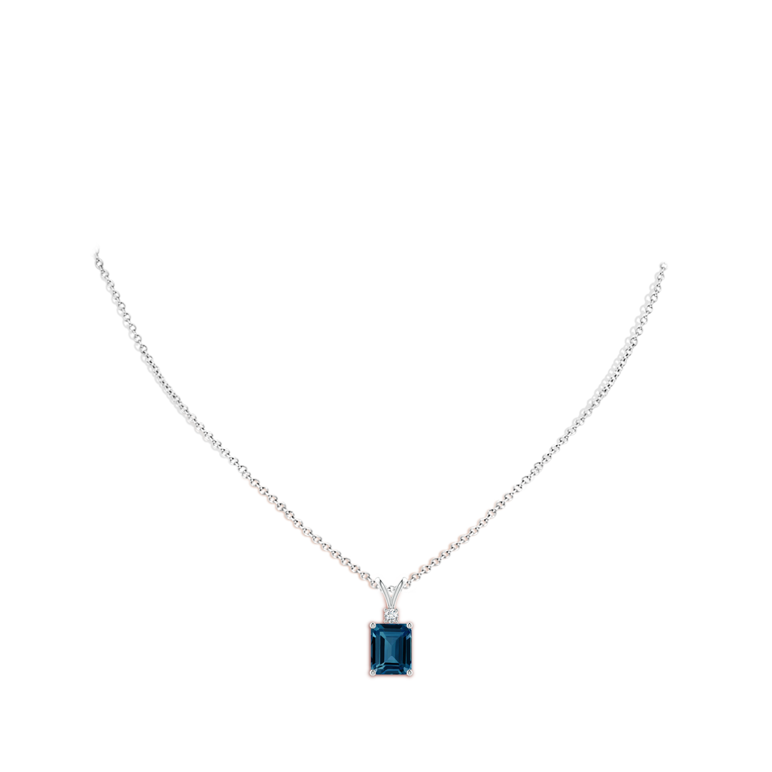10x8mm AAAA Emerald-Cut London Blue Topaz Solitaire Pendant with Diamond in White Gold - body_neck