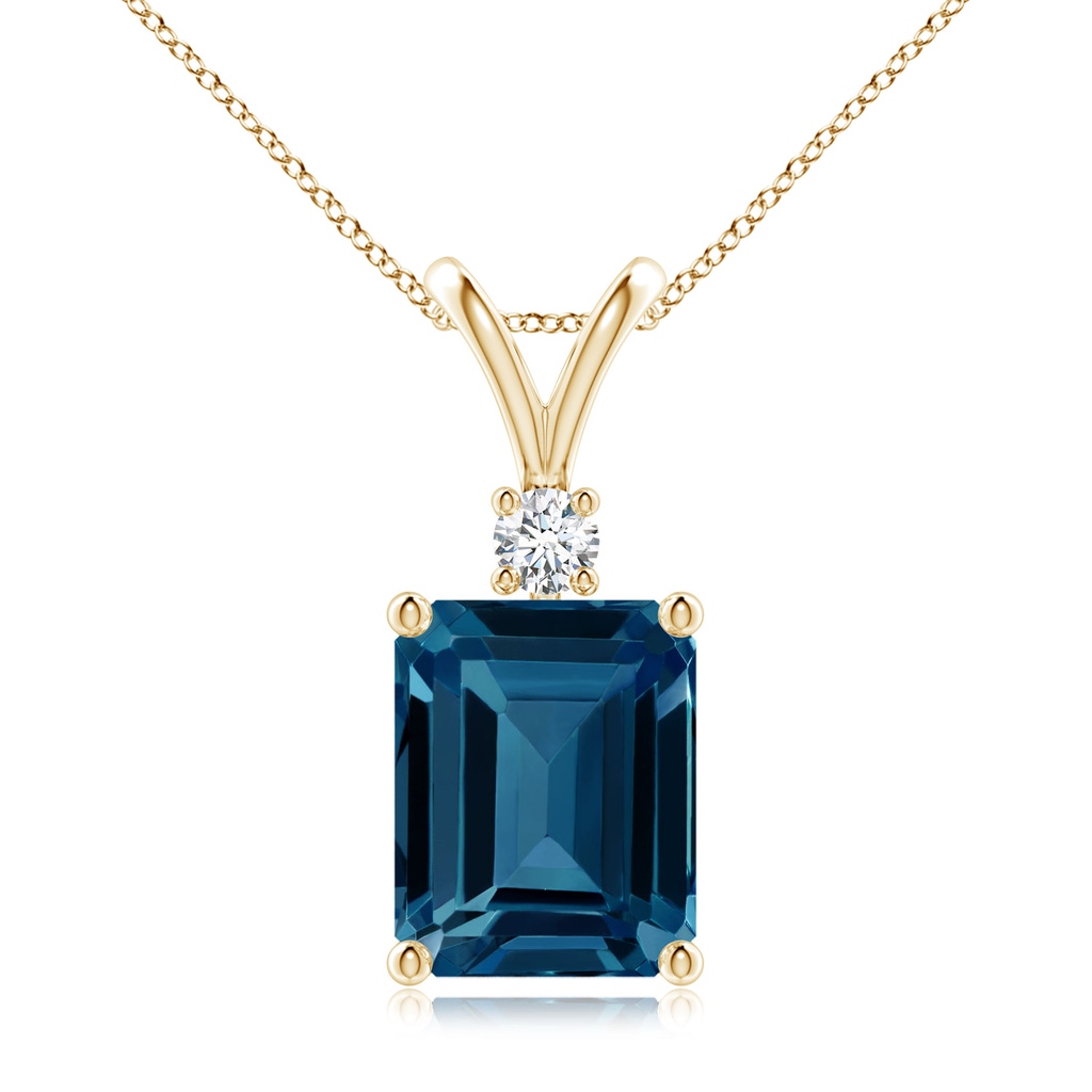 10x8mm AAAA Emerald-Cut London Blue Topaz Solitaire Pendant with Diamond in Yellow Gold