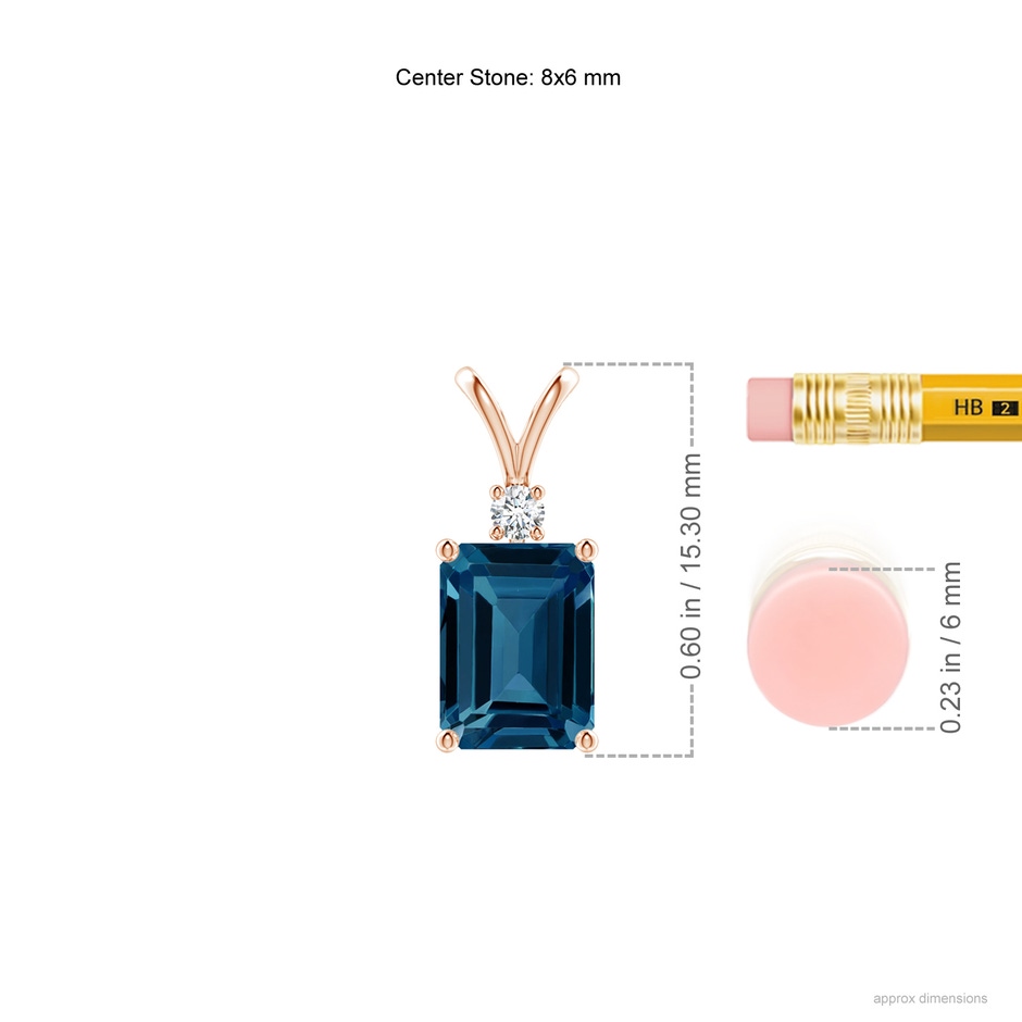 8x6mm AAAA Emerald-Cut London Blue Topaz Solitaire Pendant with Diamond in Rose Gold ruler