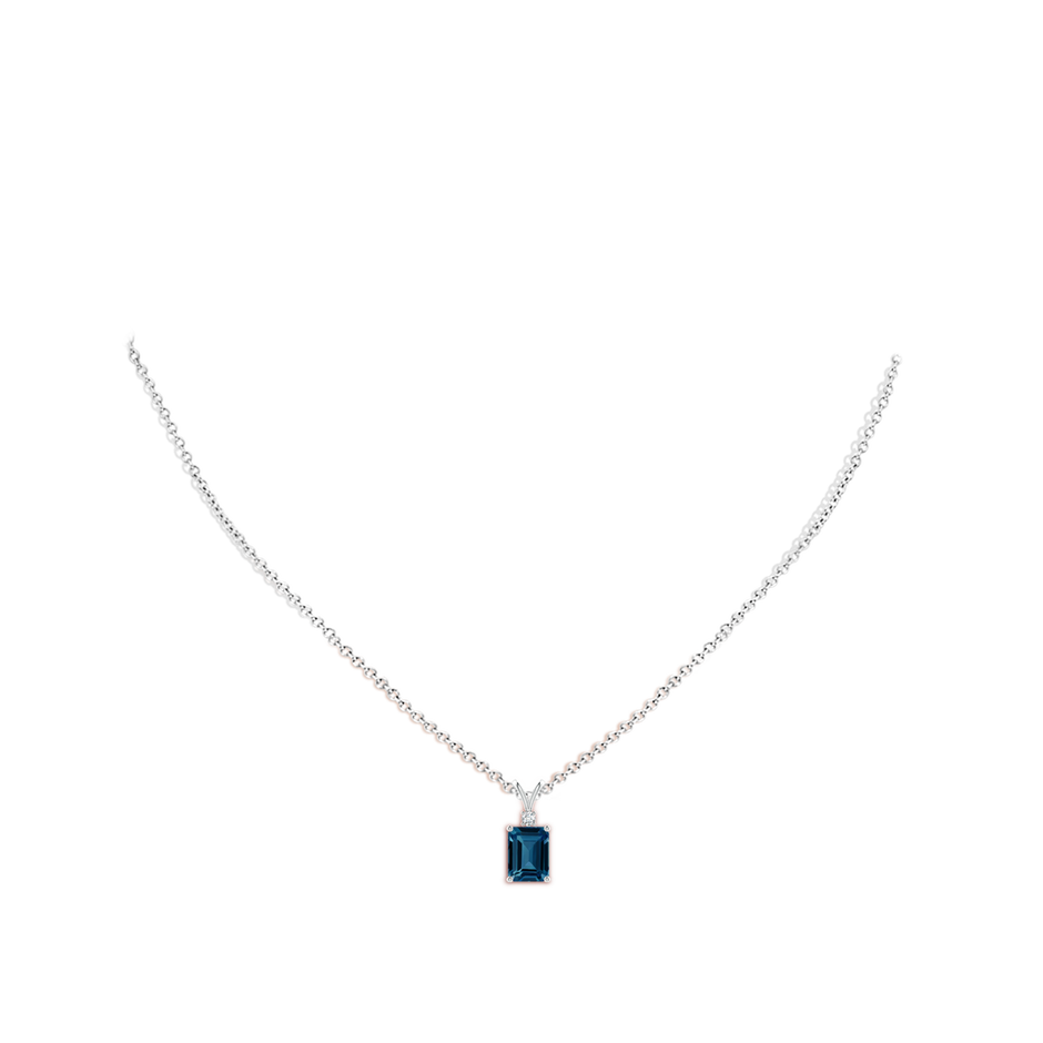 8x6mm AAAA Emerald-Cut London Blue Topaz Solitaire Pendant with Diamond in White Gold body-neck
