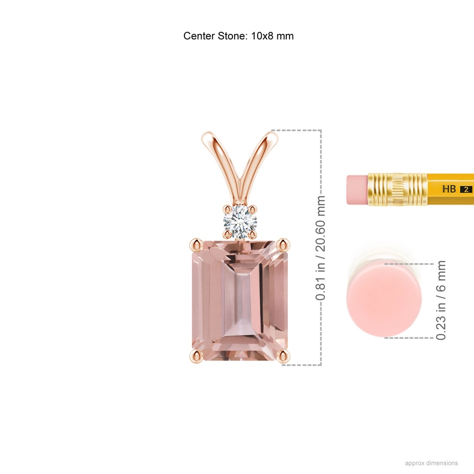 10x8mm AAAA Emerald-Cut Morganite Solitaire Pendant with Diamond in Rose Gold ruler