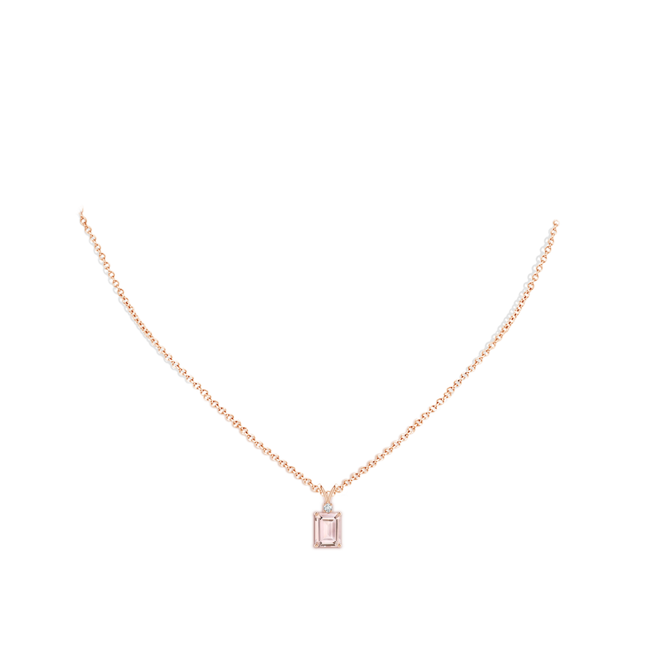 8x6mm AA Emerald-Cut Morganite Solitaire Pendant with Diamond in Rose Gold body-neck