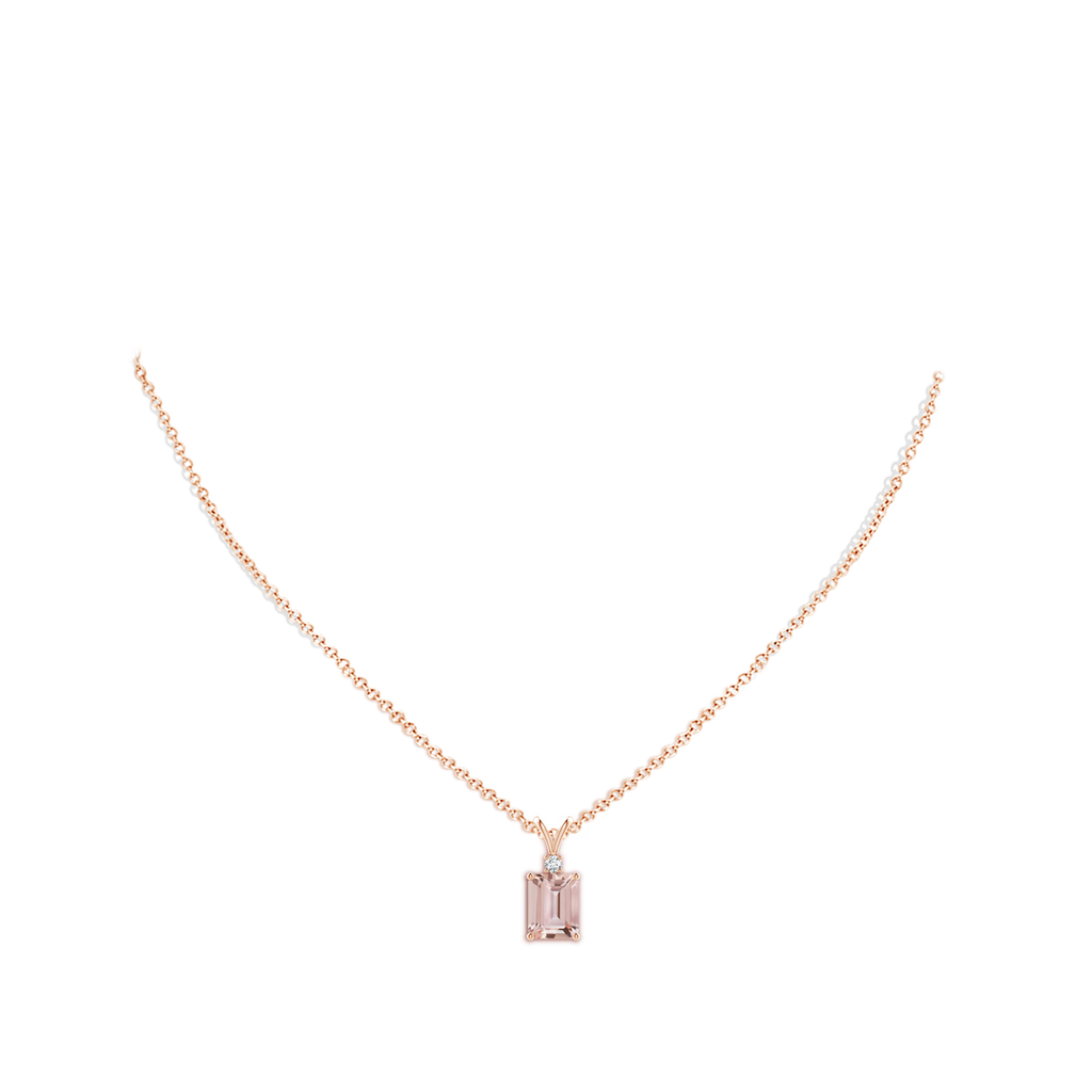 9x7mm AAA Emerald-Cut Morganite Solitaire Pendant with Diamond in Rose Gold Body-Neck