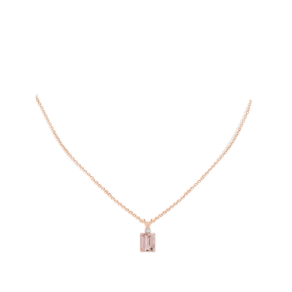 9x7mm AAA Emerald-Cut Morganite Solitaire Pendant with Diamond in Rose Gold body-neck