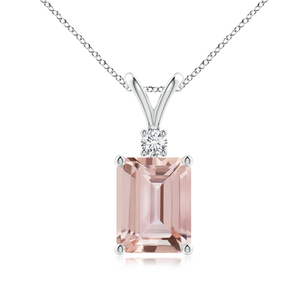 9x7mm AAA Emerald-Cut Morganite Solitaire Pendant with Diamond in White Gold