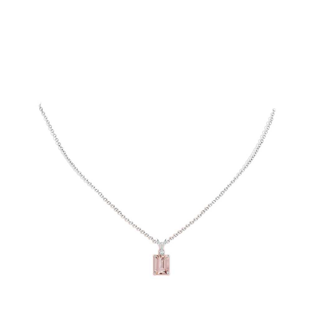 9x7mm AAA Emerald-Cut Morganite Solitaire Pendant with Diamond in White Gold Body-Neck