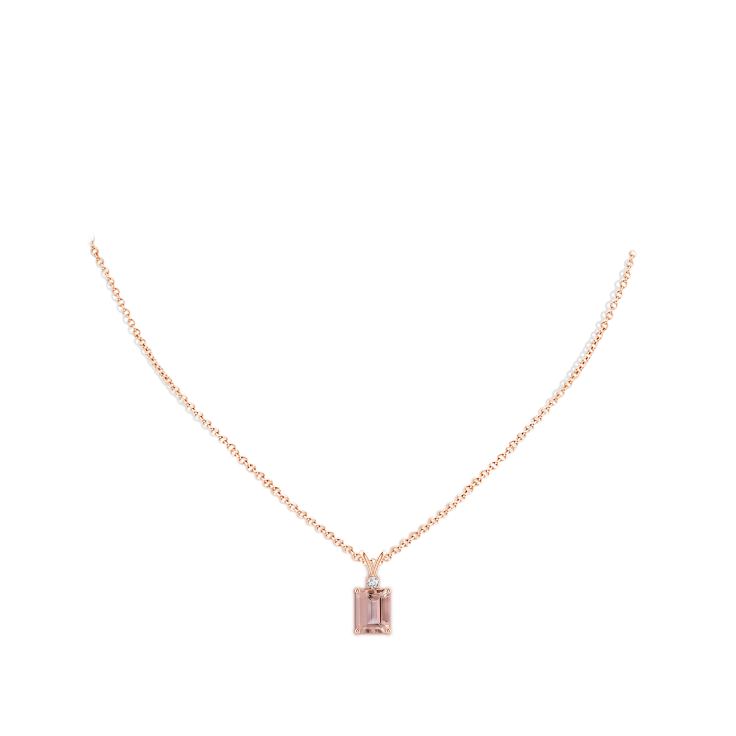 9x7mm AAAA Emerald-Cut Morganite Solitaire Pendant with Diamond in Rose Gold - body_neck