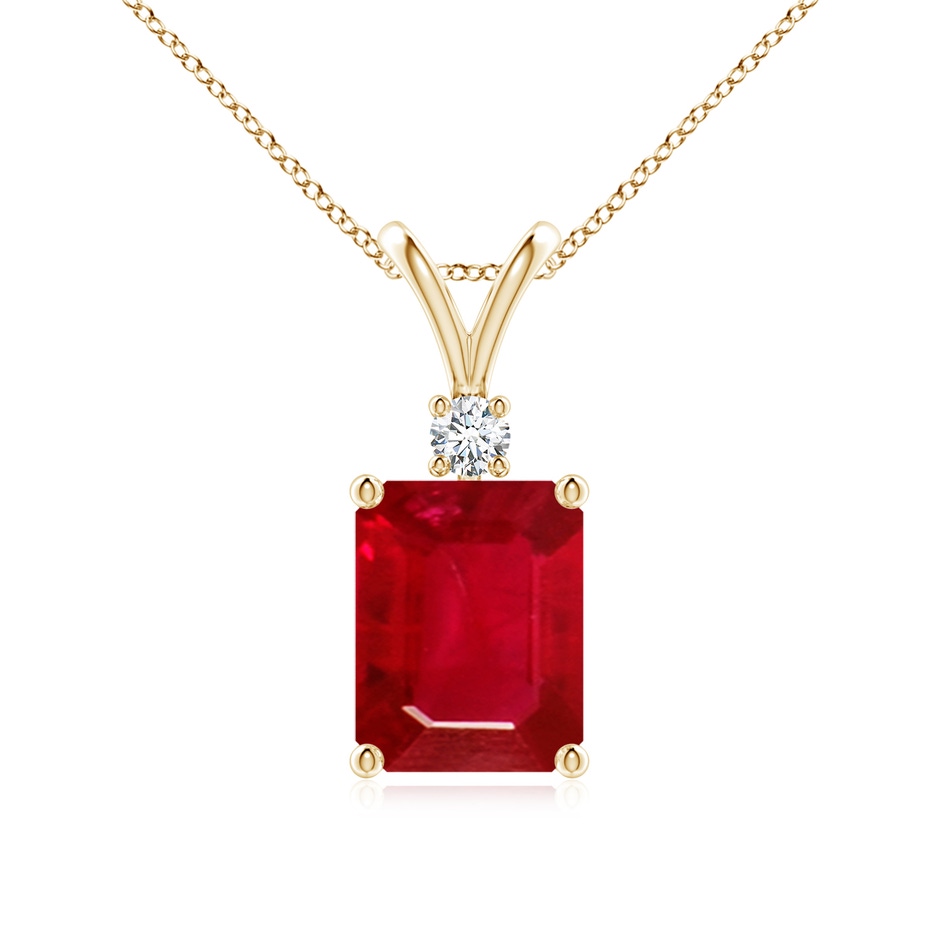 9x7mm AAA Emerald-Cut Ruby Solitaire Pendant with Diamond in Yellow Gold 