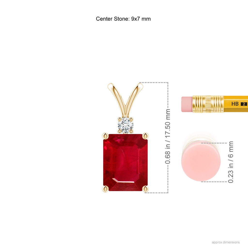 9x7mm AAA Emerald-Cut Ruby Solitaire Pendant with Diamond in Yellow Gold ruler