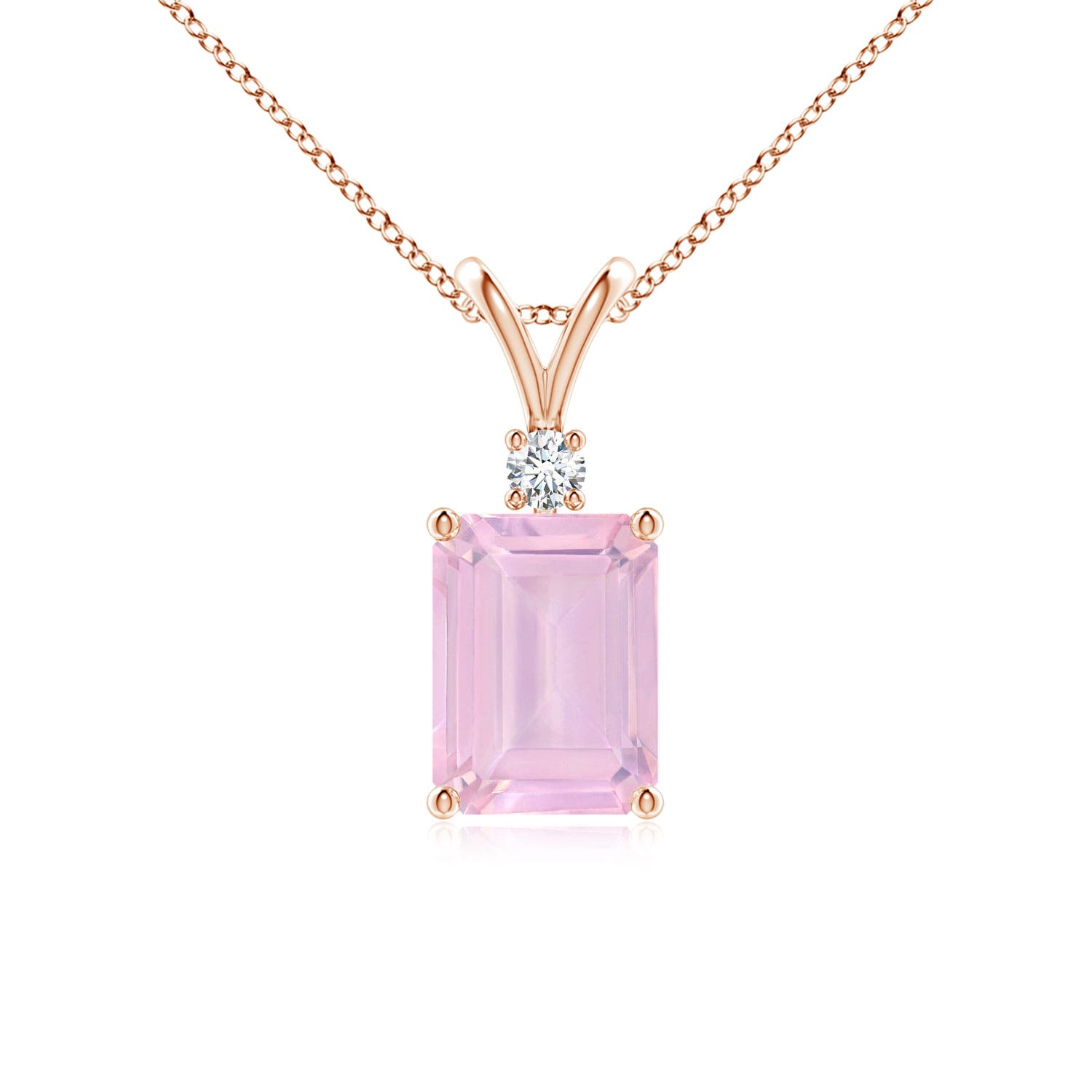 8x6mm AAAA Emerald-Cut Rose Quartz Solitaire Pendant with Diamond in Rose Gold