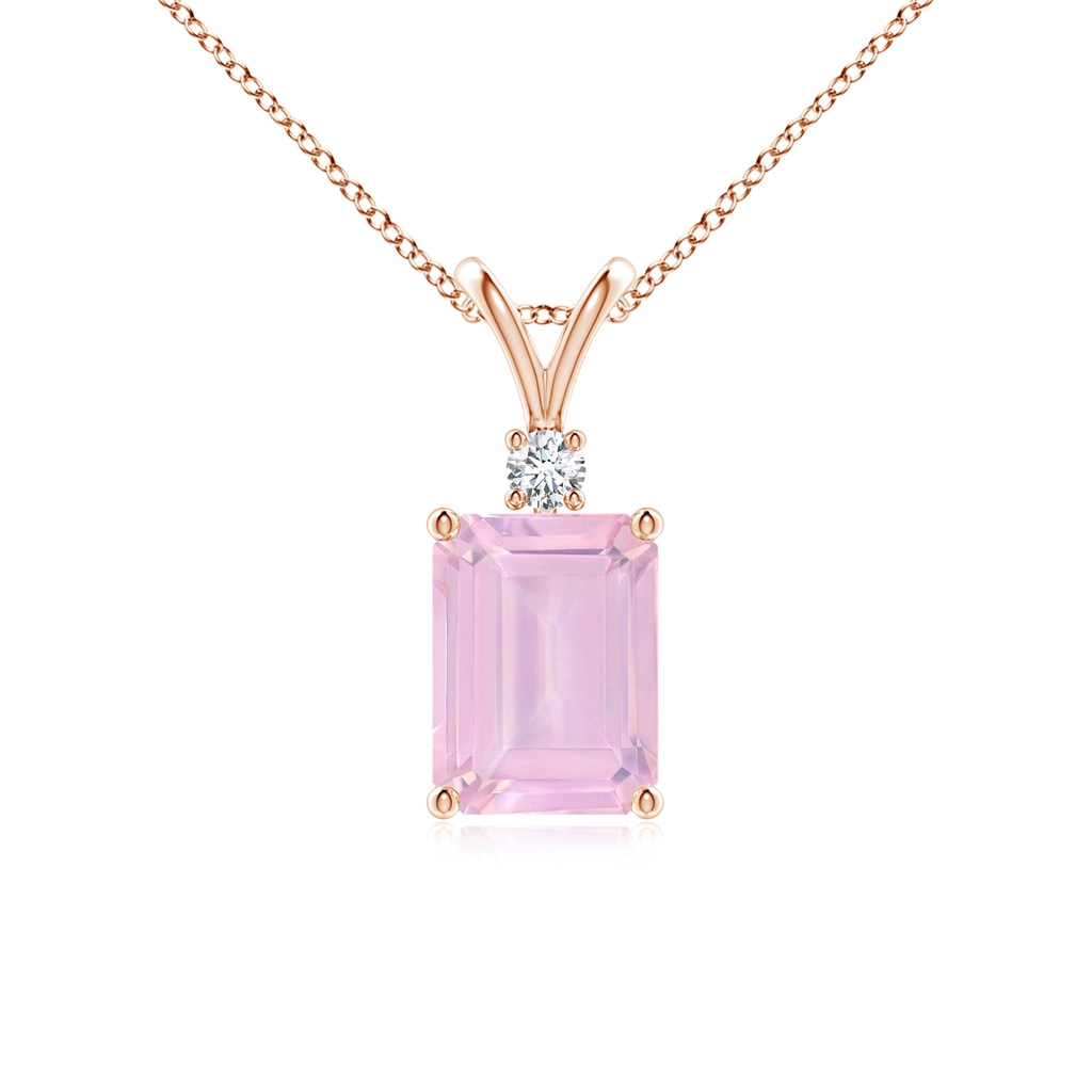 8x6mm AAAA Emerald-Cut Rose Quartz Solitaire Pendant with Diamond in Rose Gold