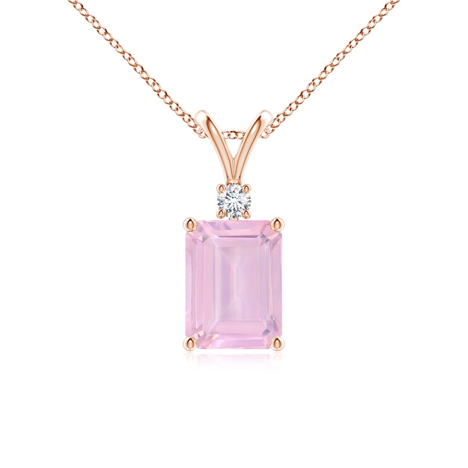 8x6mm AAAA Emerald-Cut Rose Quartz Solitaire Pendant with Diamond in Rose Gold 