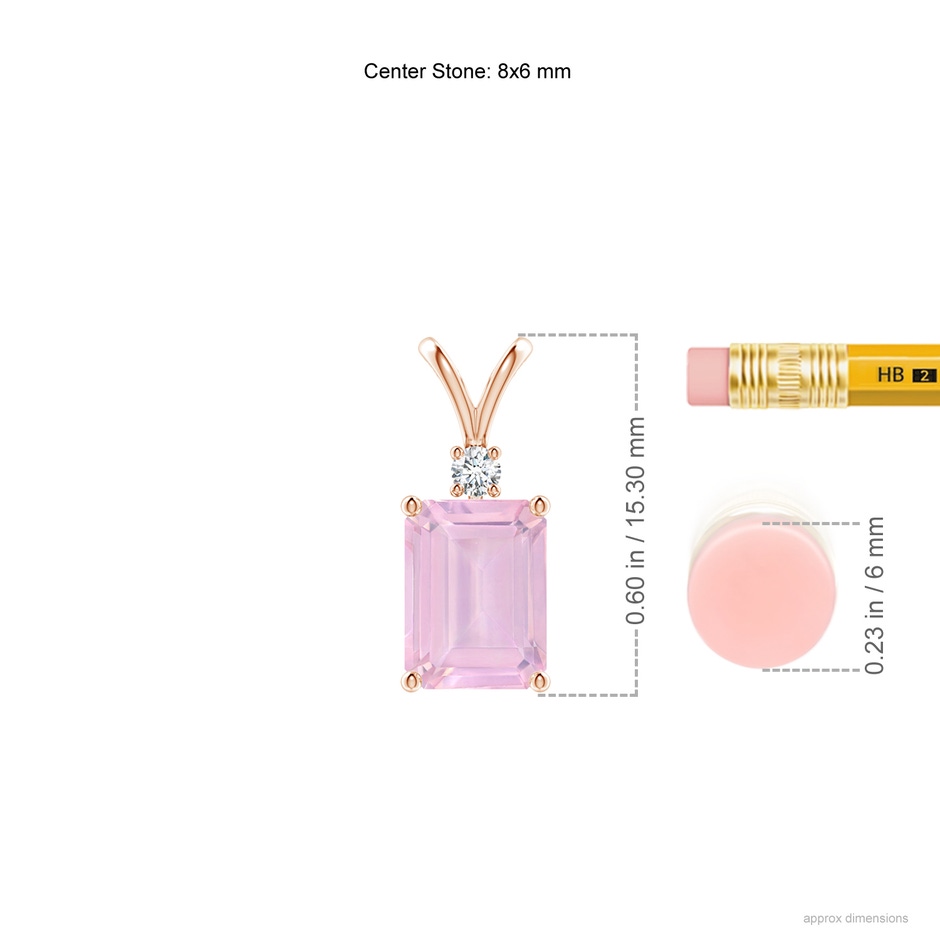 8x6mm AAAA Emerald-Cut Rose Quartz Solitaire Pendant with Diamond in Rose Gold ruler