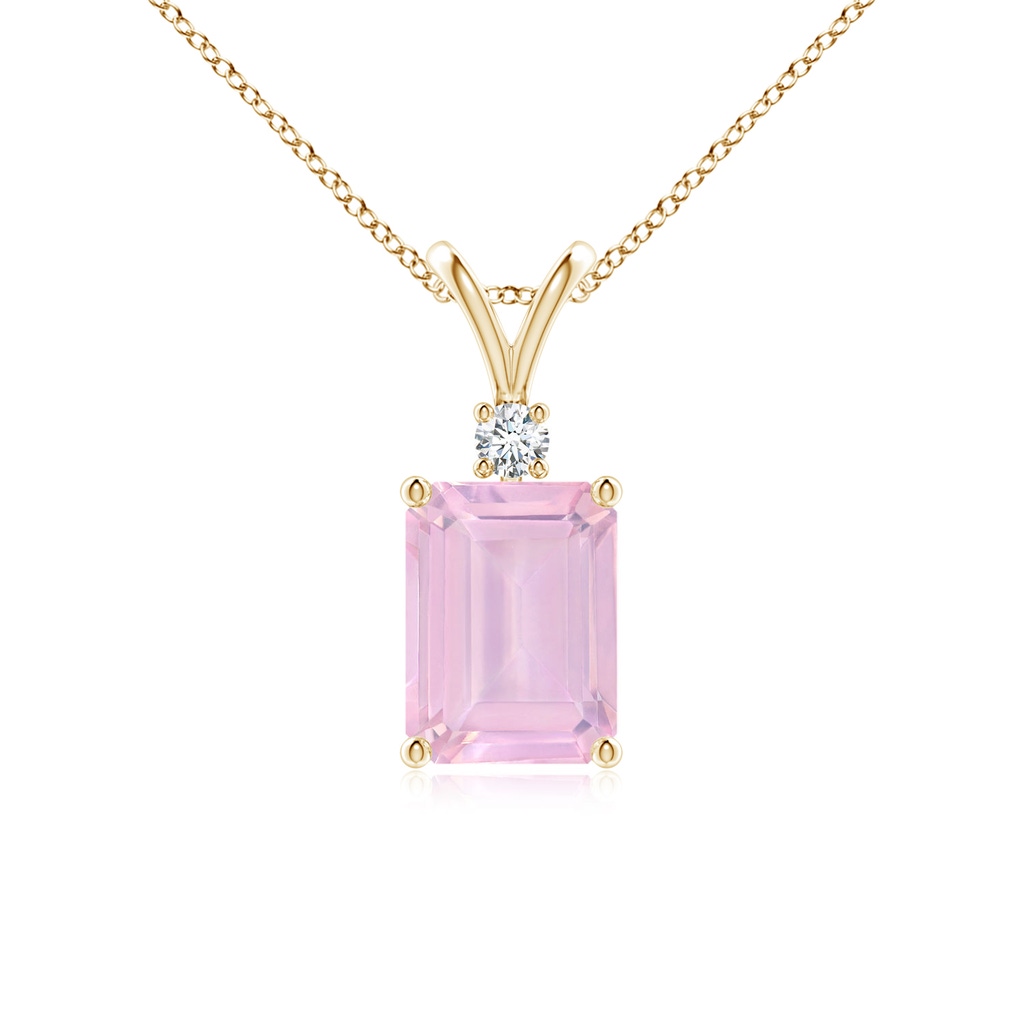 8x6mm AAAA Emerald-Cut Rose Quartz Solitaire Pendant with Diamond in Yellow Gold