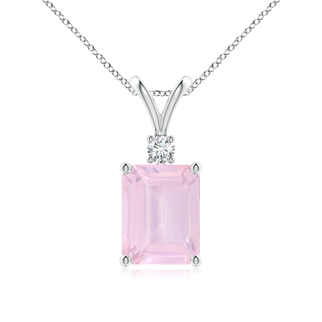 9x7mm AAA Emerald-Cut Rose Quartz Solitaire Pendant with Diamond in White Gold