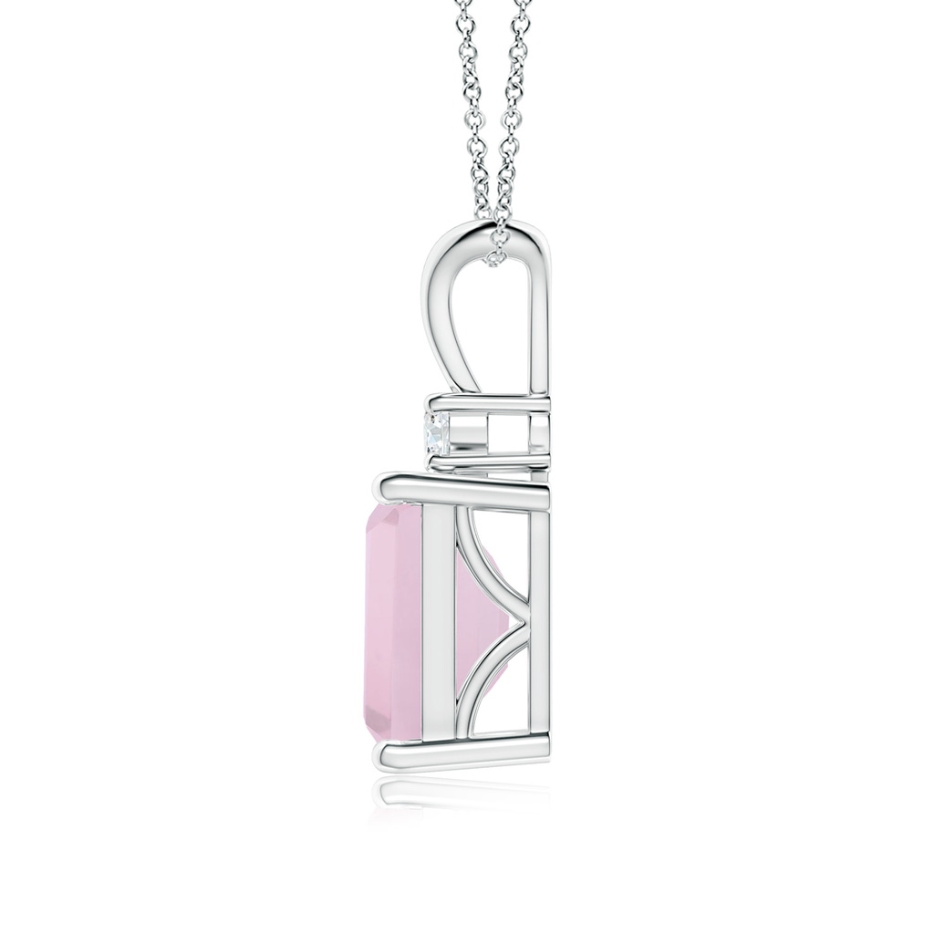 9x7mm AAA Emerald-Cut Rose Quartz Solitaire Pendant with Diamond in White Gold Side 1
