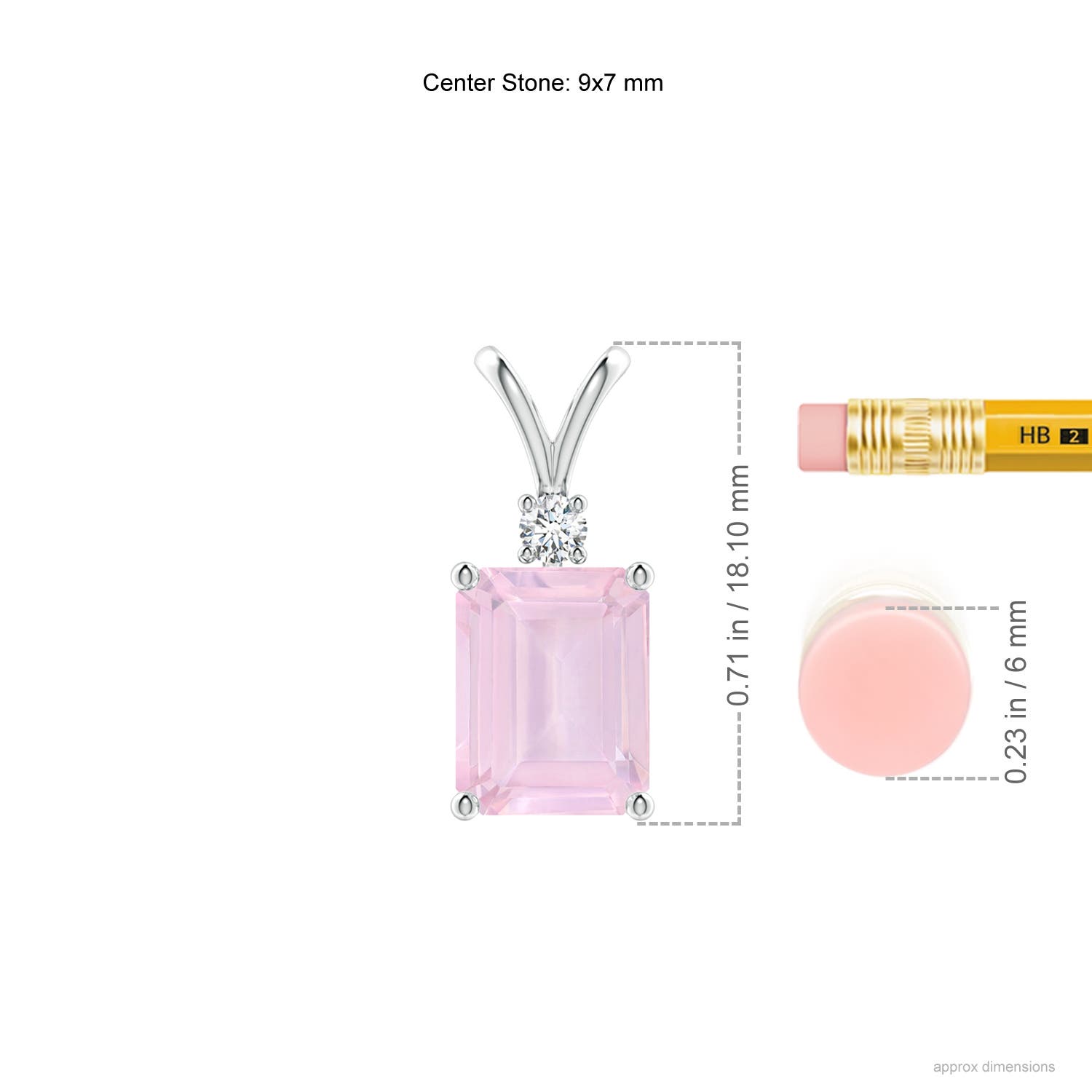 9x7mm AAA Emerald-Cut Rose Quartz Solitaire Pendant with Diamond in White Gold - ruler