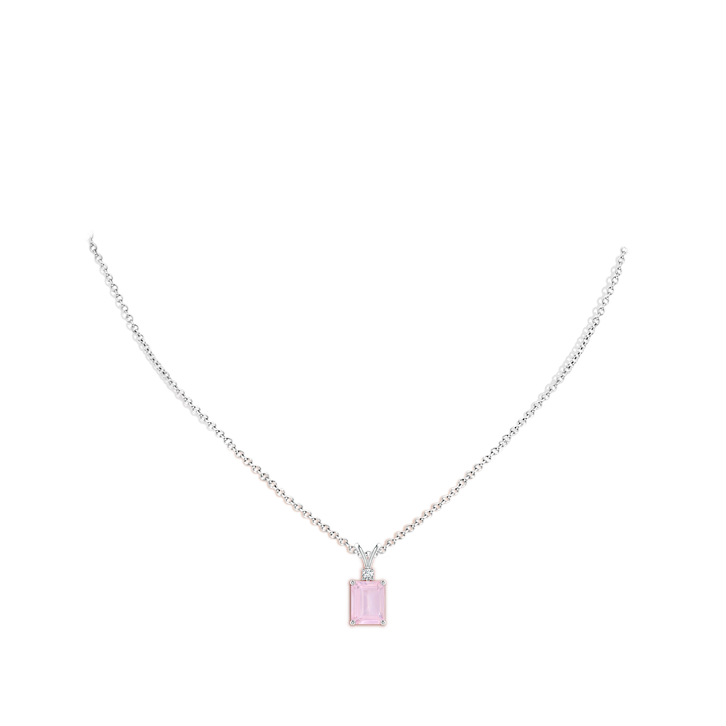 9x7mm AAA Emerald-Cut Rose Quartz Solitaire Pendant with Diamond in White Gold Body-Neck