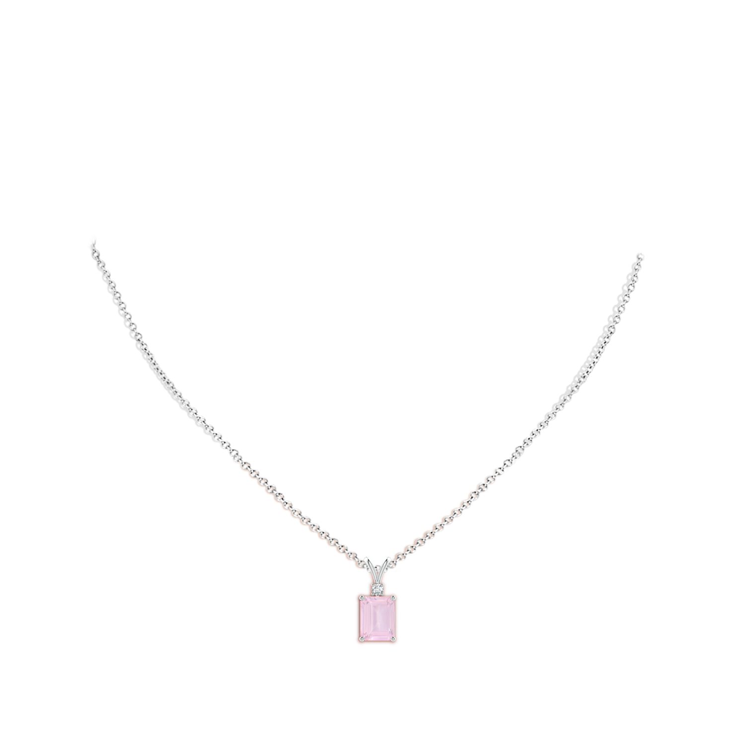 9x7mm AAA Emerald-Cut Rose Quartz Solitaire Pendant with Diamond in White Gold - body_neck