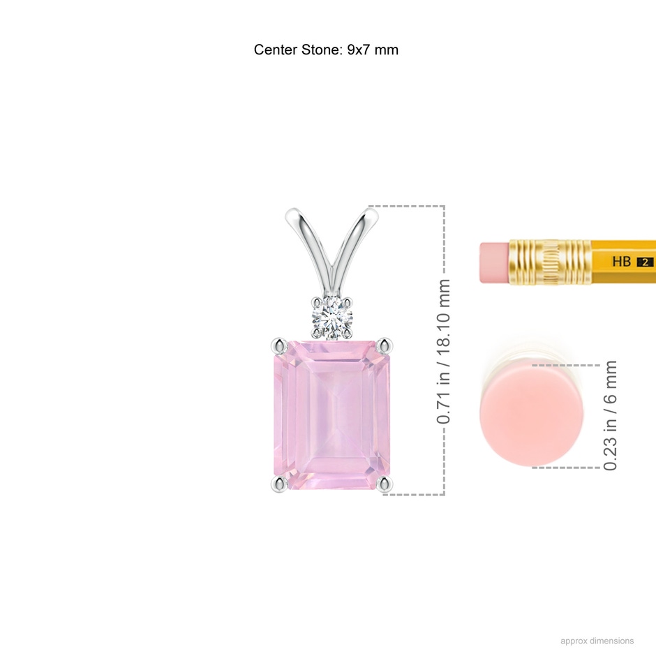9x7mm AAAA Emerald-Cut Rose Quartz Solitaire Pendant with Diamond in P950 Platinum ruler