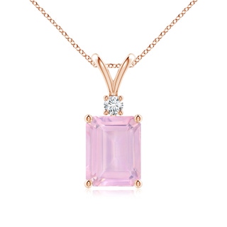 9x7mm AAAA Emerald-Cut Rose Quartz Solitaire Pendant with Diamond in Rose Gold