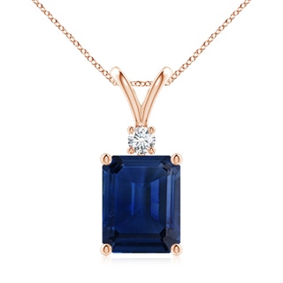 10x8mm AAA Emerald-Cut Blue Sapphire Solitaire Pendant with Diamond in 9K Rose Gold