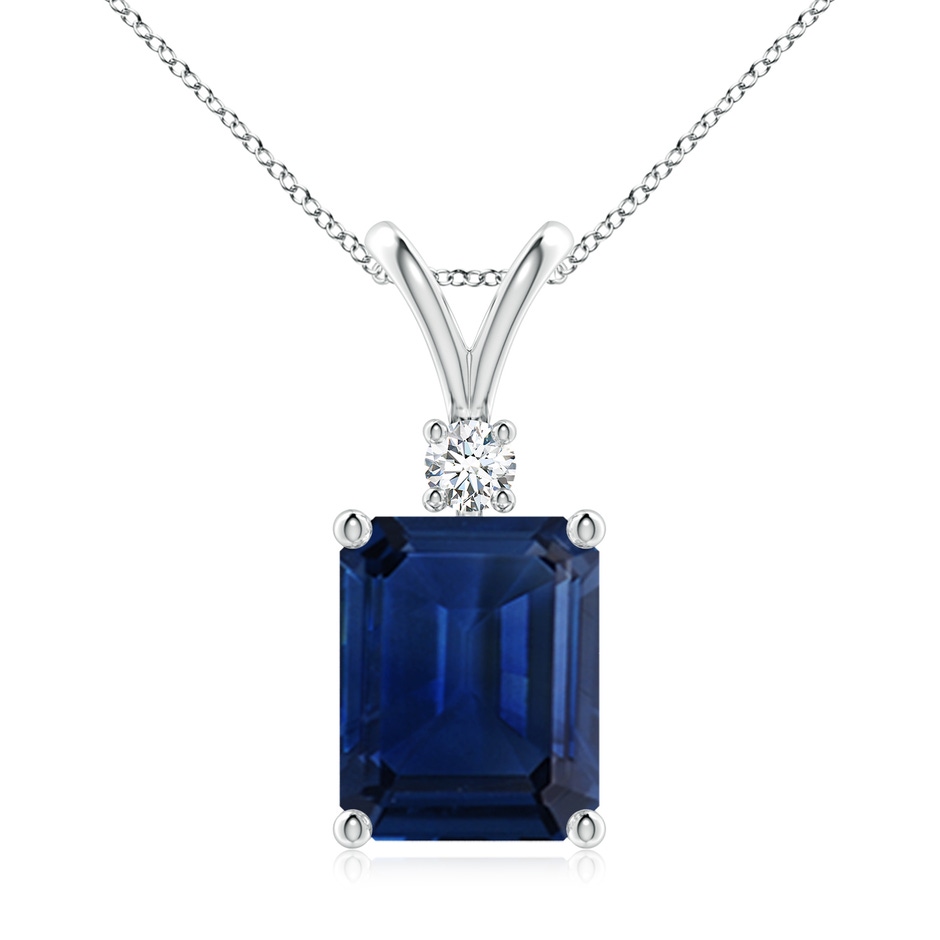 10x8mm AAA Emerald-Cut Blue Sapphire Solitaire Pendant with Diamond in White Gold 